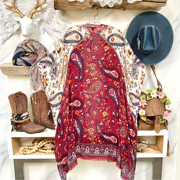 Stunning paisley boho kimono Cape/cover up w shabby chic beach vacay vibe - Picture 12 of 15